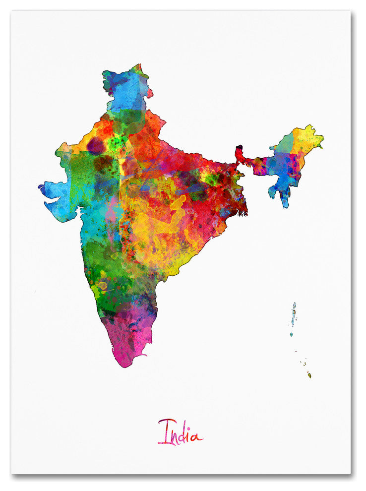 'India Watercolor Map' Canvas Art by Michael Tompsett