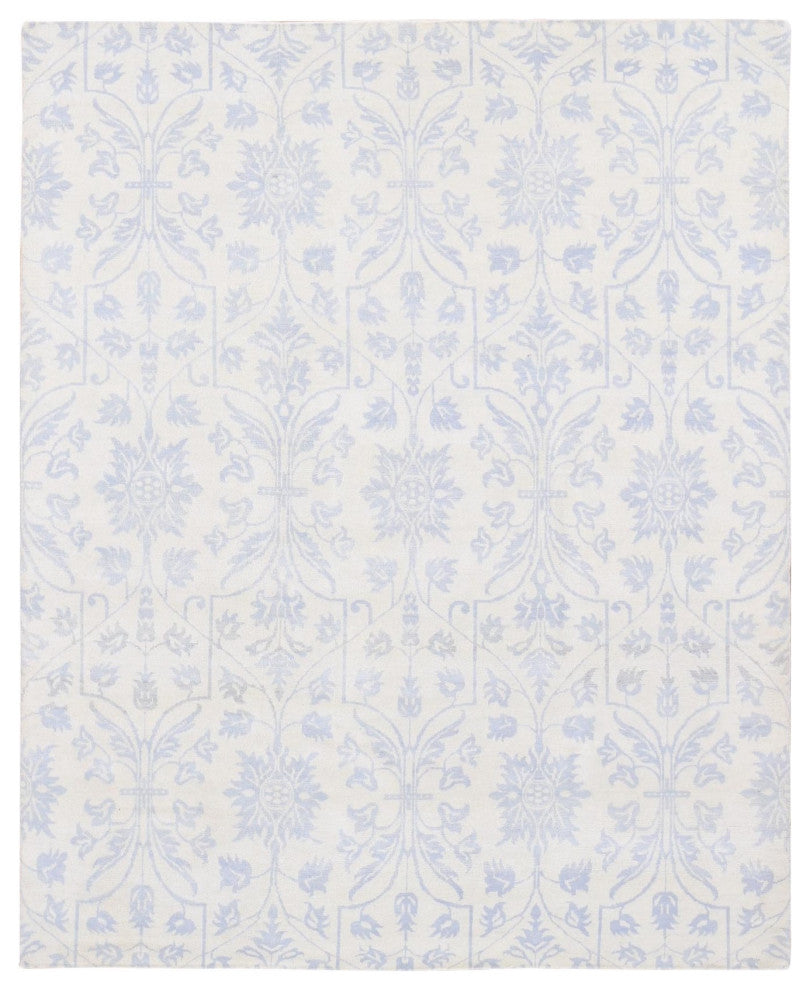 Gray on Beige Lotus Flower Design Tone on Tone Hand Knotted Wool Rug, 8'x9'10"