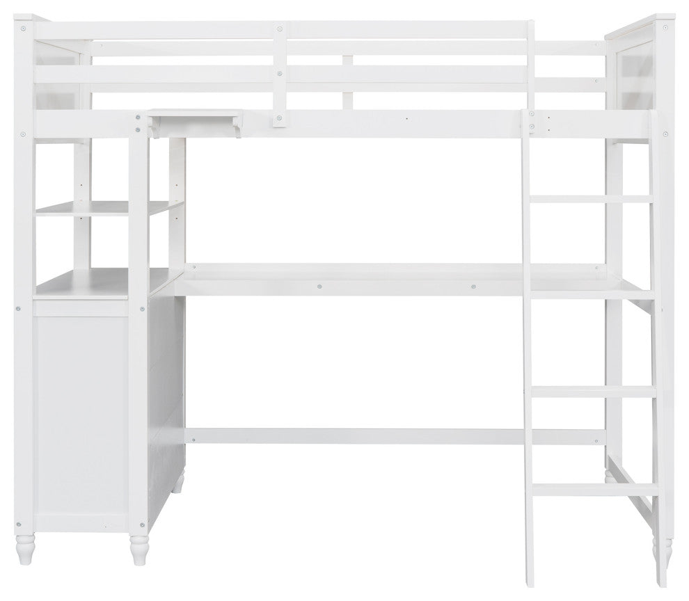 Gewnee Twin size Loft Bed with Drawers and Desk, Wooden Loft Bed in White