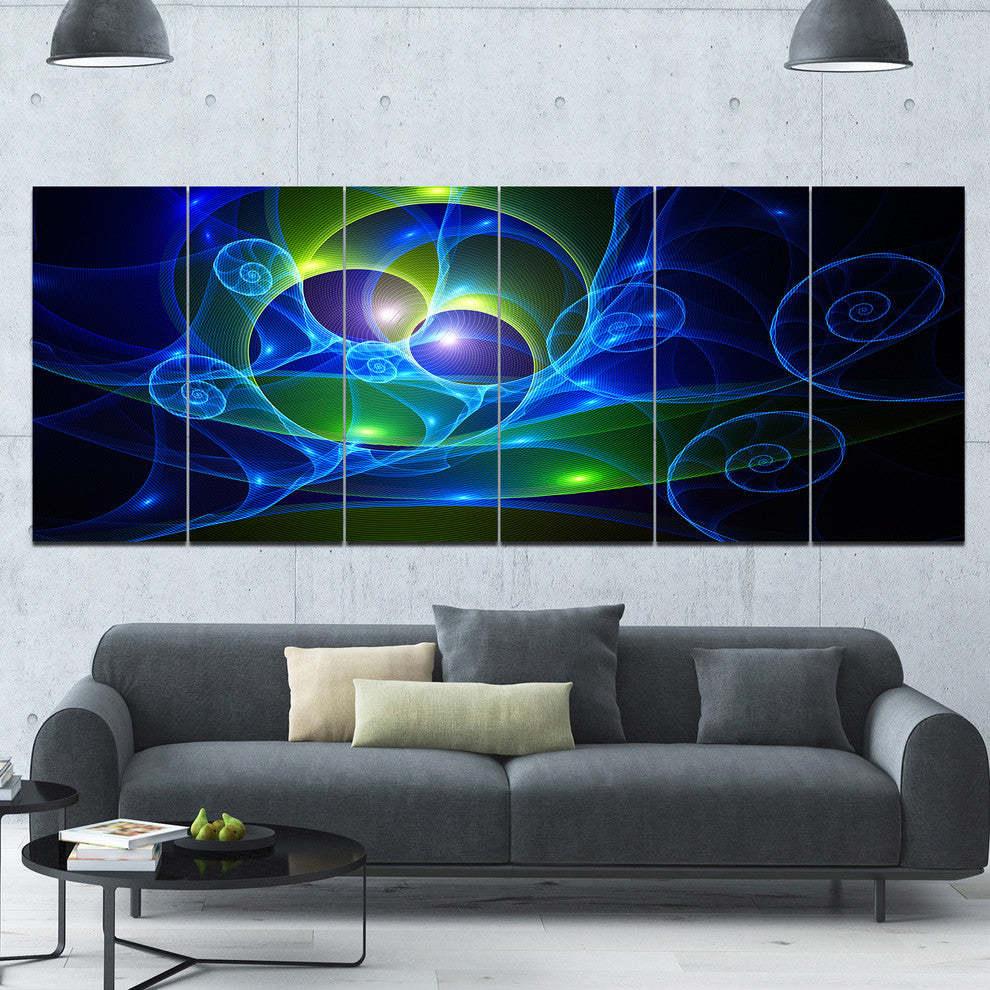 Blue Curly Spiral on Black, Abstract Wall Art Canvas, 70"x28", 6 Panels