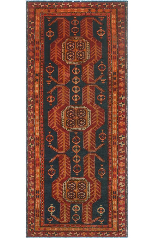 Fine Vintage Distressed Luka Navy/Orange Runner, 4'0x9'7