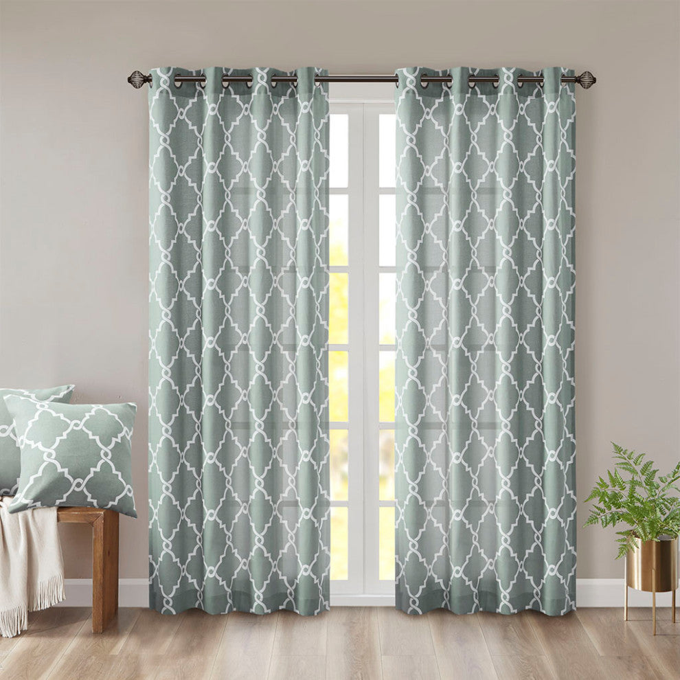 Madison Park Saratoga Fretwork Print Grommet Top Window Curtain Panel, Seafoam