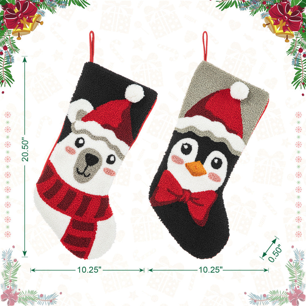 20.5"L Hooked Stocking, Polar Bear & Penguin
