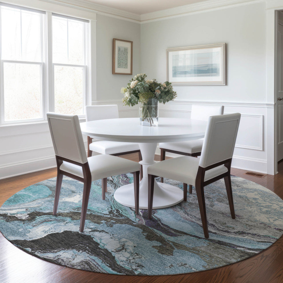 Machine Washable Indoor/Outdoor Chantille ACN1908 Teal 8' x 8' Round Rug