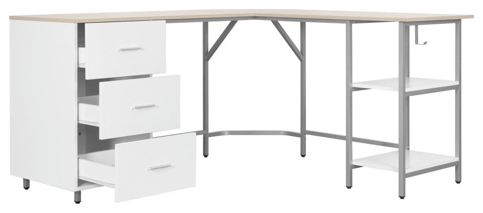 Techni Mobili L-Shape Home Office Two-Tone Desk with Storage, Sand