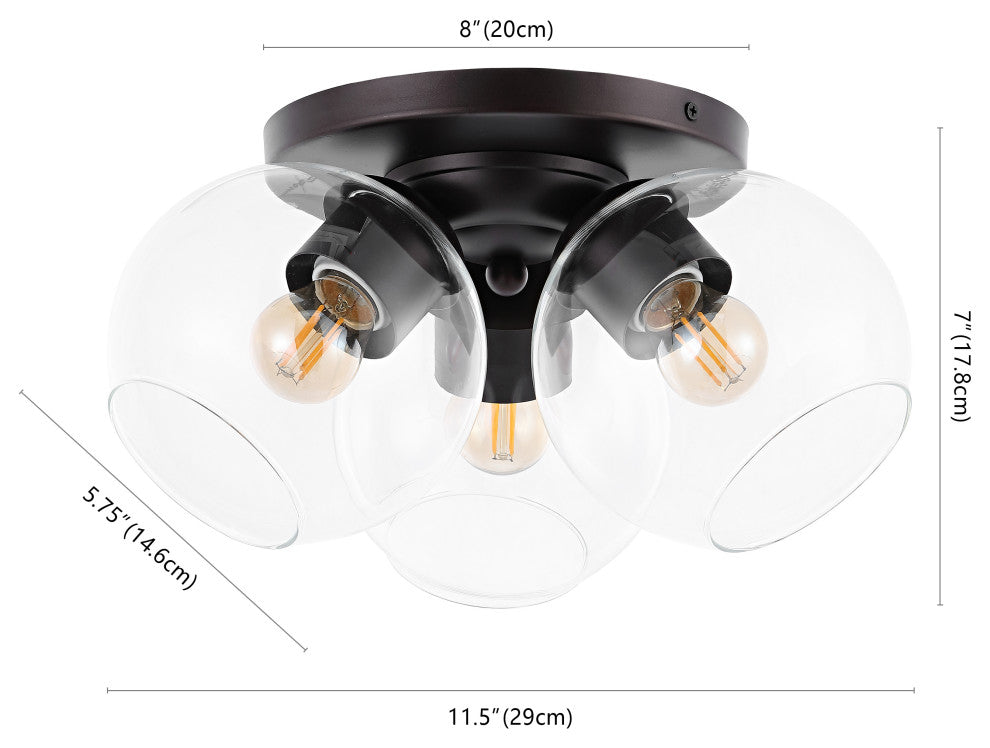 Iris 11.5" 3-Light Farmhouse Rustic Iron/Glass LED Semi Flush Mount, Black