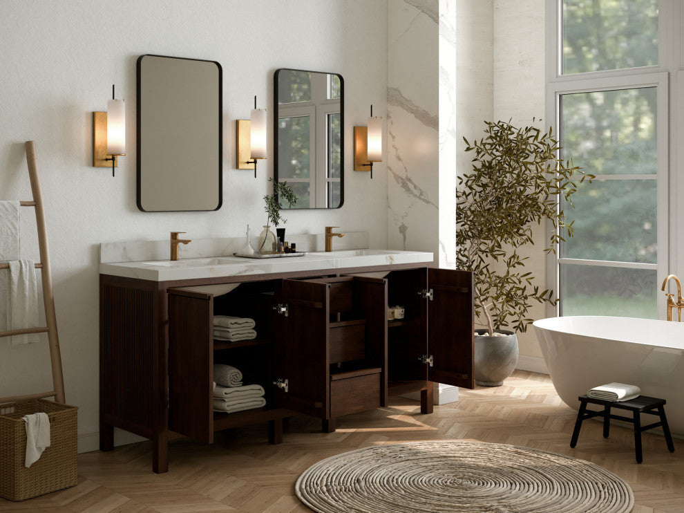 Elizabeth 72 Double Sink Bath Vanity in Dark Walnut Teak 2" Piatra Gray