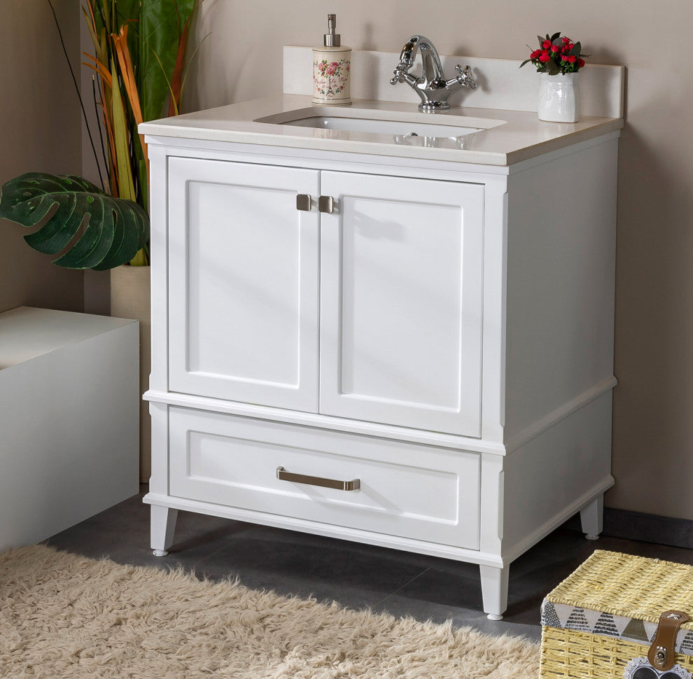 Nera Collection 30" Bath Vanity Quartz Top and Ceramic Sink, White, 30"