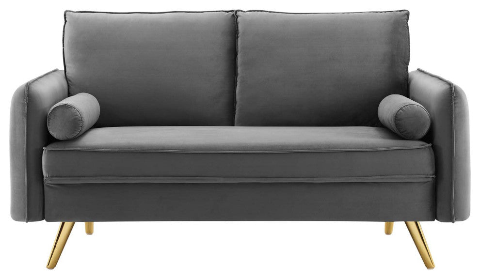 Loveseat Sofa, Velvet, Gray, Modern, Living Lounge Hotel Lobby Hospitality