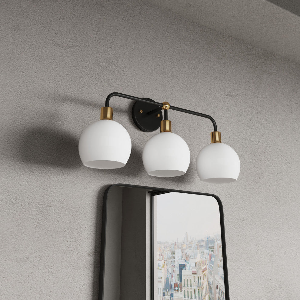 Modern Black 3-Light Bathroom Vanity Light with White Metal Shades
