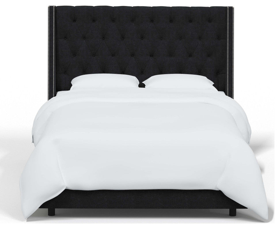 Tufted Sloped Wingback Bed, Nail Trim, Zuma Caviar, Full
