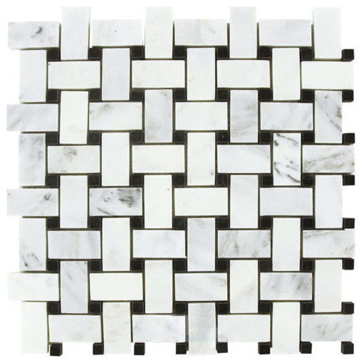 Carrara Basketweave Pattern Polished Mosaic Tile, 12"x12", Set of 50