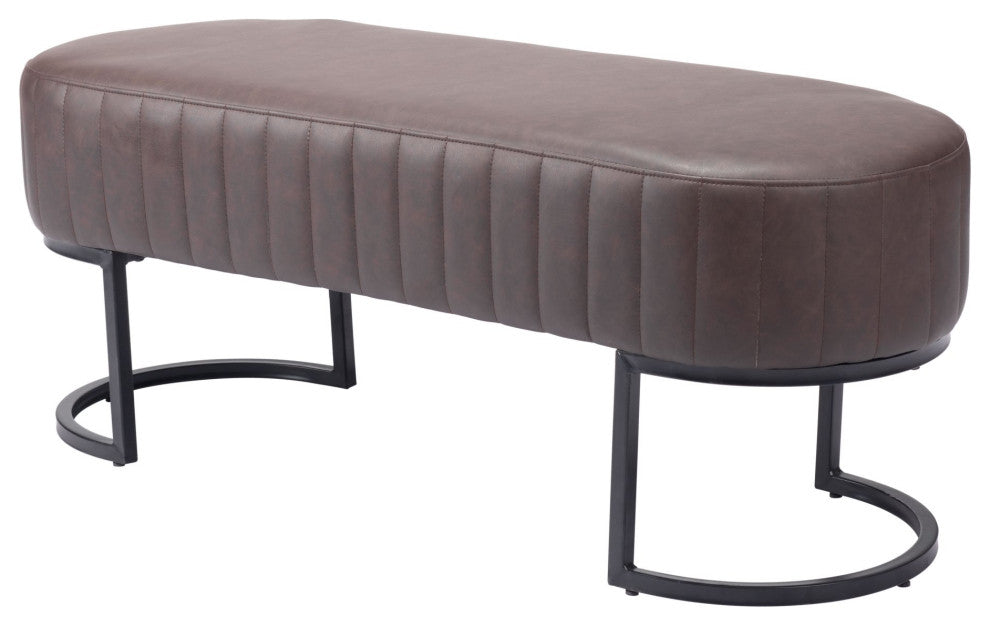Accent Chair Bench, Faux Vinyl Leather, Steel, Vintage Brown, Black, Lounge