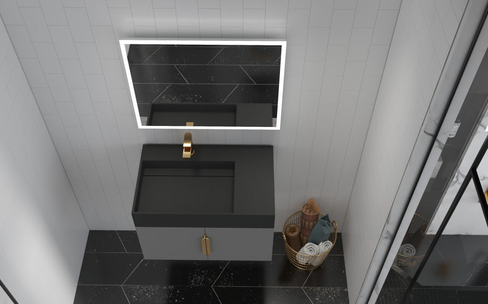 CastelloUSA Amazon 30" Left Wall Mounted Bathroom Vanity Set, Gray, Black Top, Gold Handles
