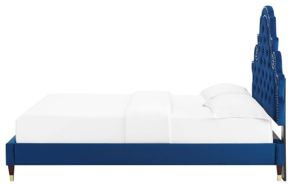 Tufted Platform Bed Frame, Full Size, Velvet, Blue Navy, Modern Contemporary