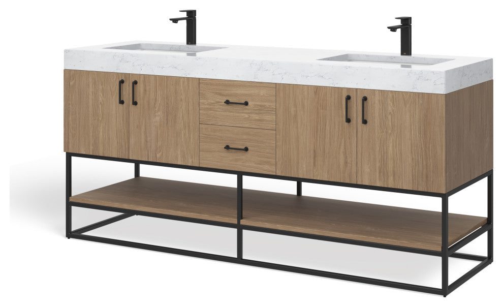 Bahia Bath Vanity, Oak, 72", Matte Black Hardware, Double, Freestanding