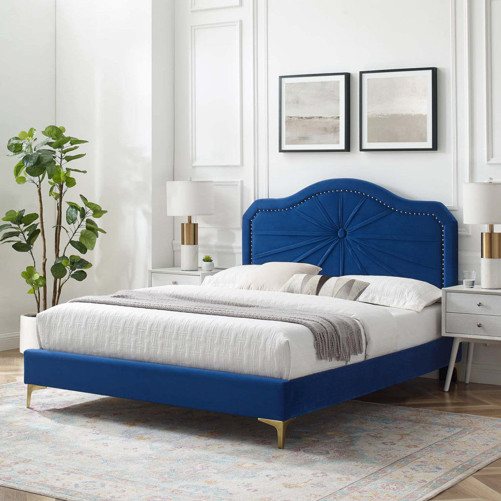Platform Bed Frame, Queen Size, Velvet, Blue Navy, Modern Contemporary, Bedroom
