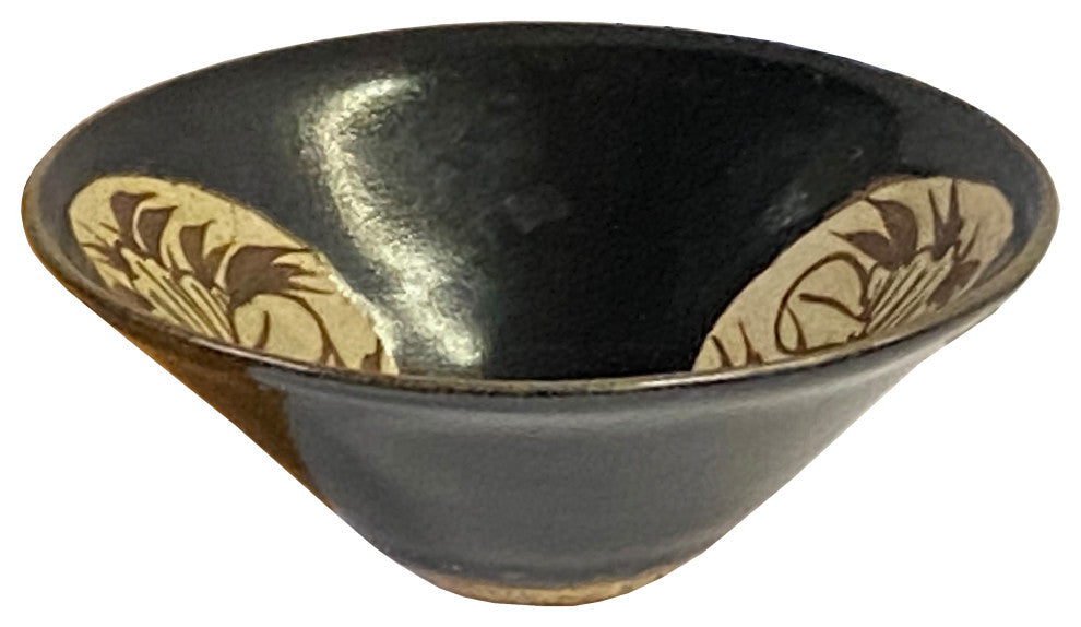 Chinese Ware Brown Black Glaze Flower Pattern Ceramic Bowl Cup Display Hws3147