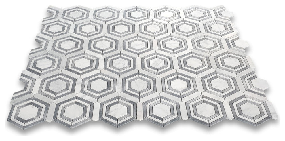 Carrara White Gray Marble Hexagon Georama Geometric Mosaic Tile Honed, 1 sheet