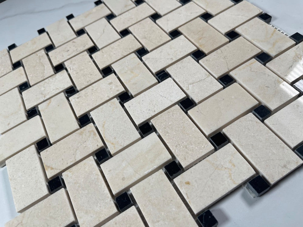 Crema Marfil Marble 1x2 Basketweave Mosaic Tile Black Dots Polished, 1 sheet