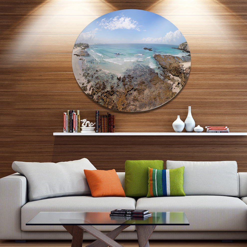 The Rocks And Beach Panorama, Seashore Disc Metal Artwork, 11"