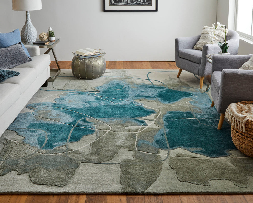 Ramiro R8885 Transitional/Industrial/Casual Rug, Blue/Green, 8'x10'