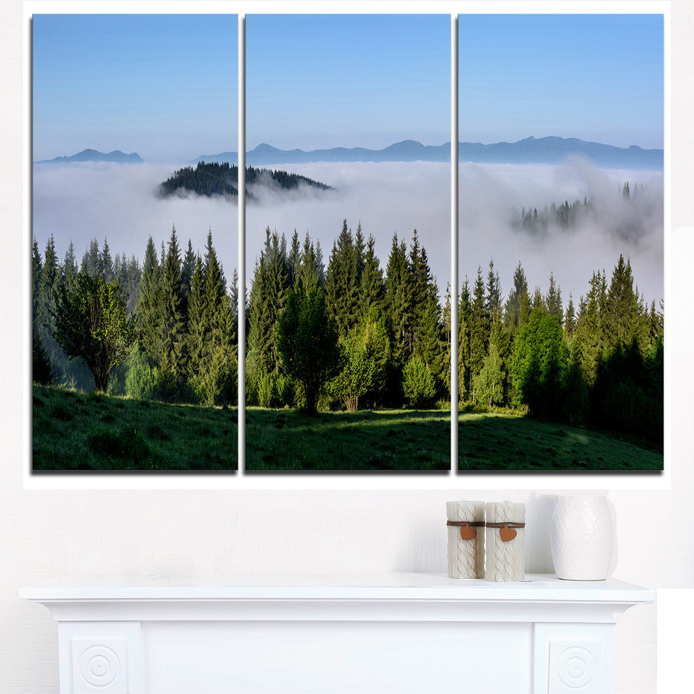"Green Trees and Fog Over Mountains" Wall Art, 3 Panels, 36"x28"