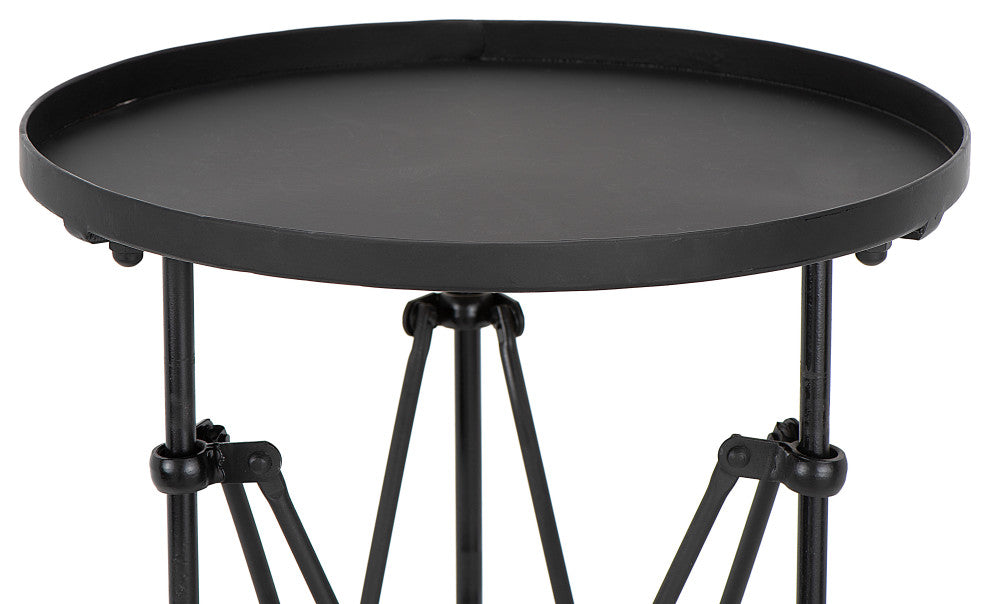 Round Pine Wood Accent Table With Metal Frame, Black