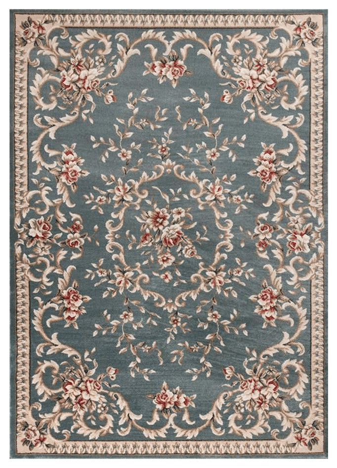 8' X 10' Slate Blue Floral Bordered Indoor Area Rug