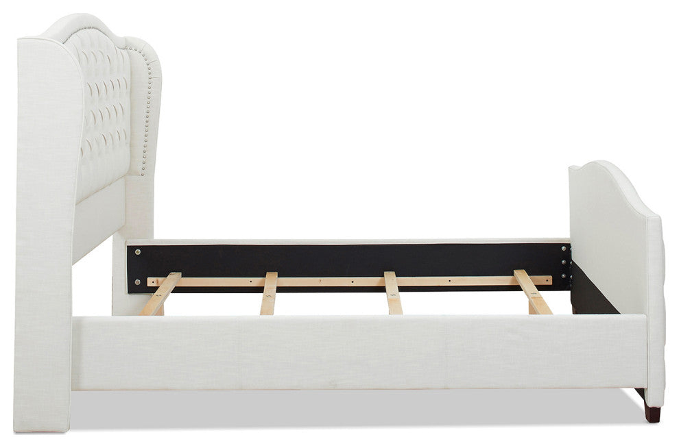 Marcella Upholstered Tufted Shelter Wingback Panel Bed, Antique White Polyester, King