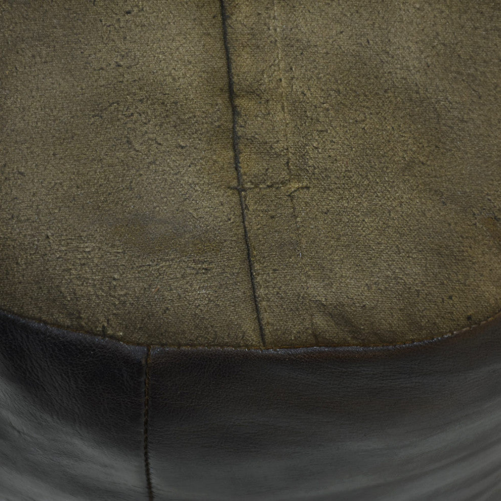 Pouf-Solid Handmade Leather Pouf (Recycled Foam with Fiber Fill), Chocolate Brown, (Round)16x16x16