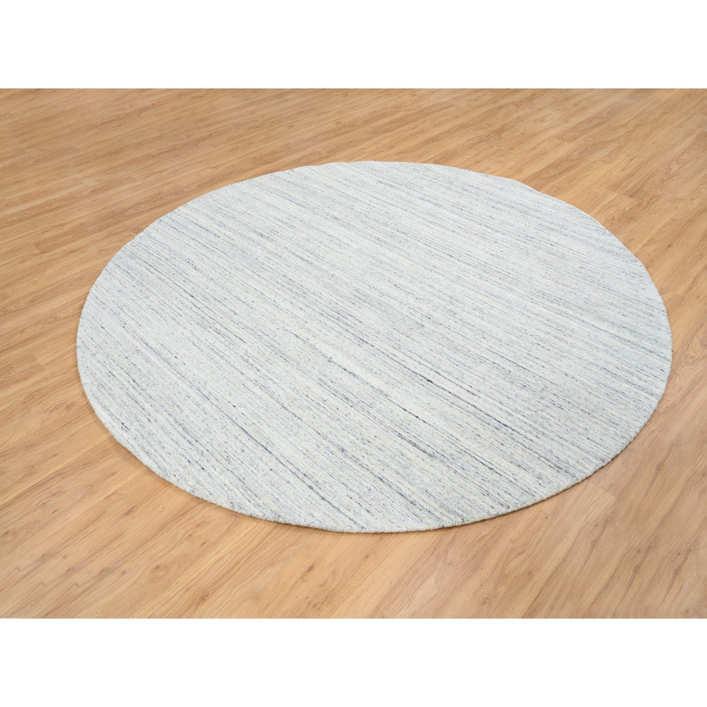 Ivory, Plain Modern Striped Design, Soft Wool Hand Loomed Round Rug, 8'0"x8'0"