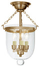 Small Semi Flush Bell Jar Lantern With Clear Glass, Rubbed Brass