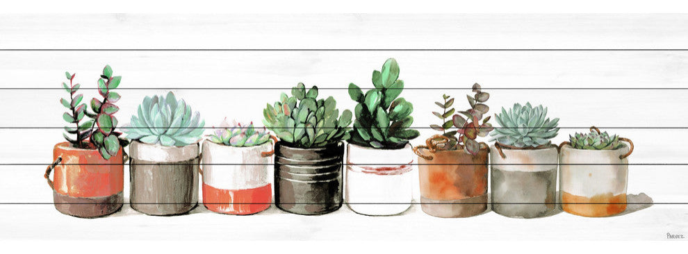 "Cactus in Cans" Painting Print on White Wood, 60"x20"