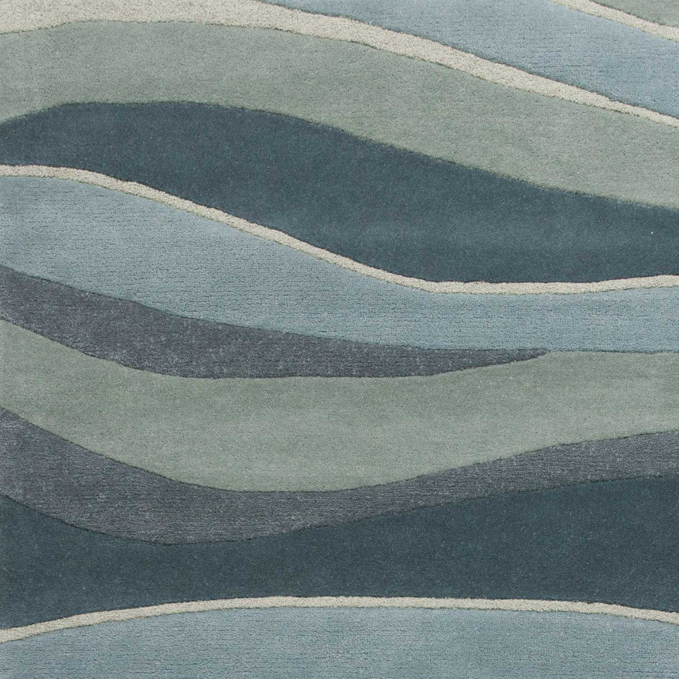 5'X8' Ocean Blue Teal Hand Tufted Abstract Waves Indoor Area Rug