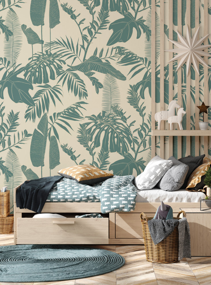 Hand Drawn Jungle Leaves Vinyl Peel and Stick Mural, Green, 24"x108", 6 Pack