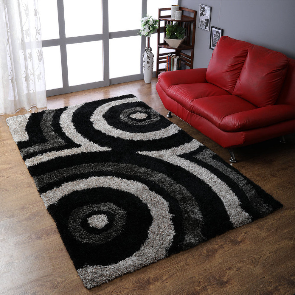 Hand Tufted Shag Polyester Area Rug Geometric Contemporary, Black Beige, [Rectangle] 4'x6'