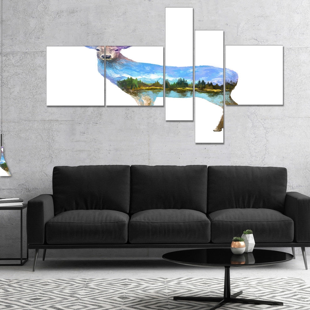 Deer Double Exposure Illustration, Animal Canvas Print, 60"x32", 5 panels