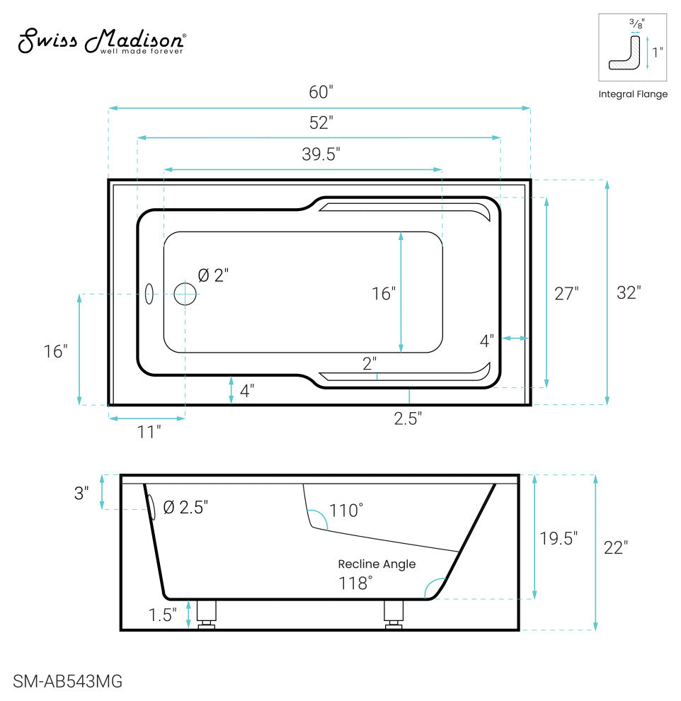 Voltaire 60" x 32" Left-Hand Drain Alcove Bathtub with Apron in Matte Grey
