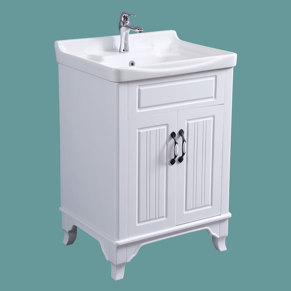 White Wooden Cabinet Vanity Sink 24.25" W with Overflow, Drain and Hardware