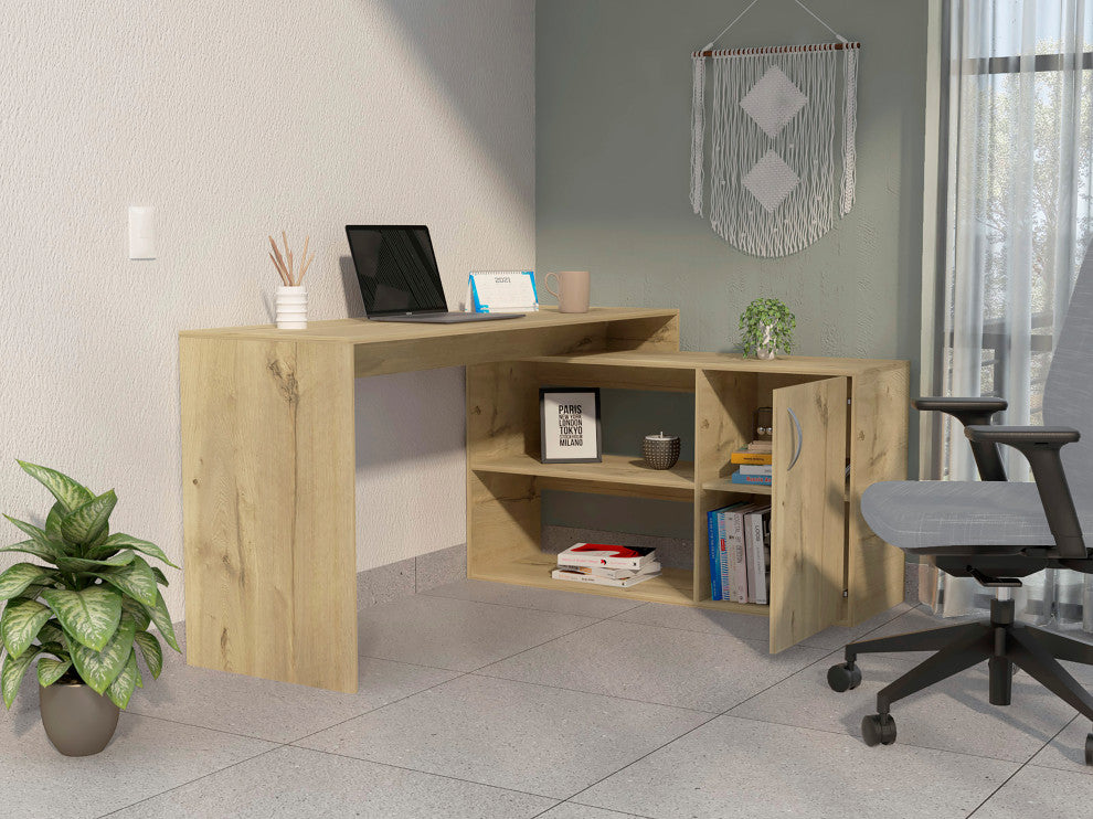 Dallas L-Shaped Home Office Desk with 2 Open Shelves and Cabinet, Light Oak