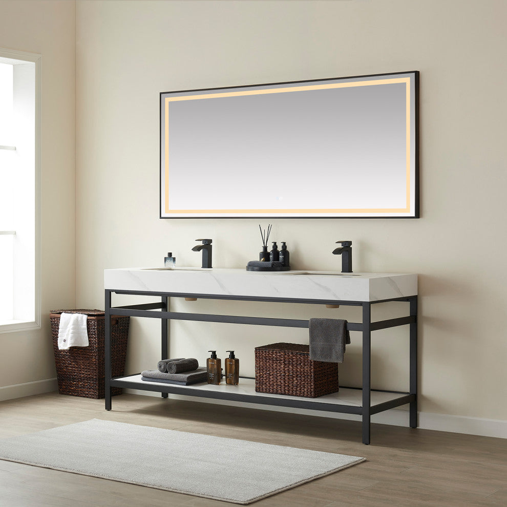 Funes Bath Vanity with Mirror, Matte Black Support, 72" Double Sink, White Stone Top