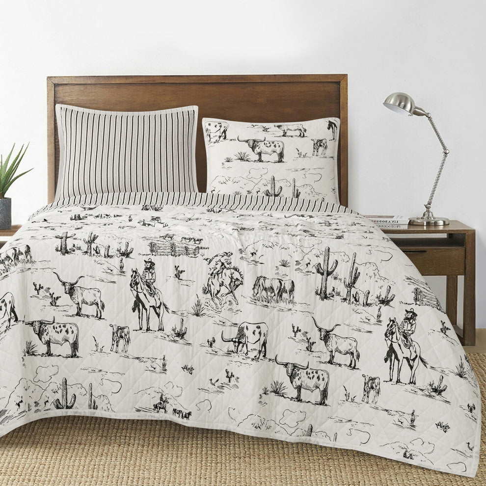 3-Piece Ranch Life Western Toile Reversible Quilt Set, Twin