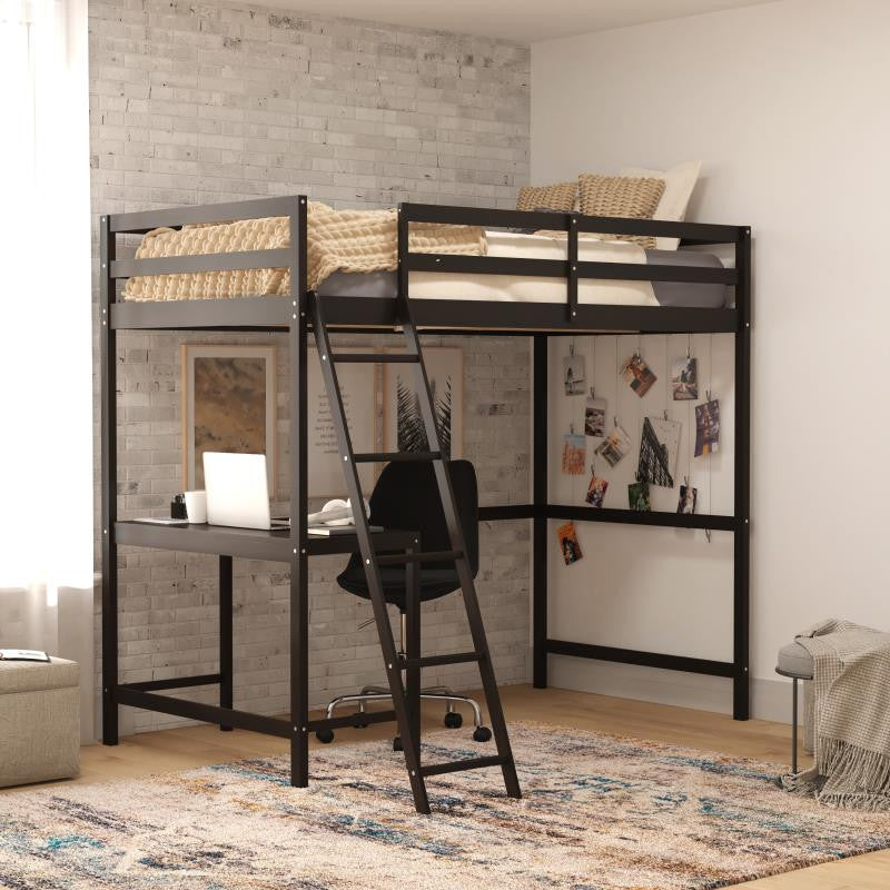 Riley Loft Bed Frame with Desk, Frame, Guard Rails & Ladder for Kids and Teens, Espresso, Twin