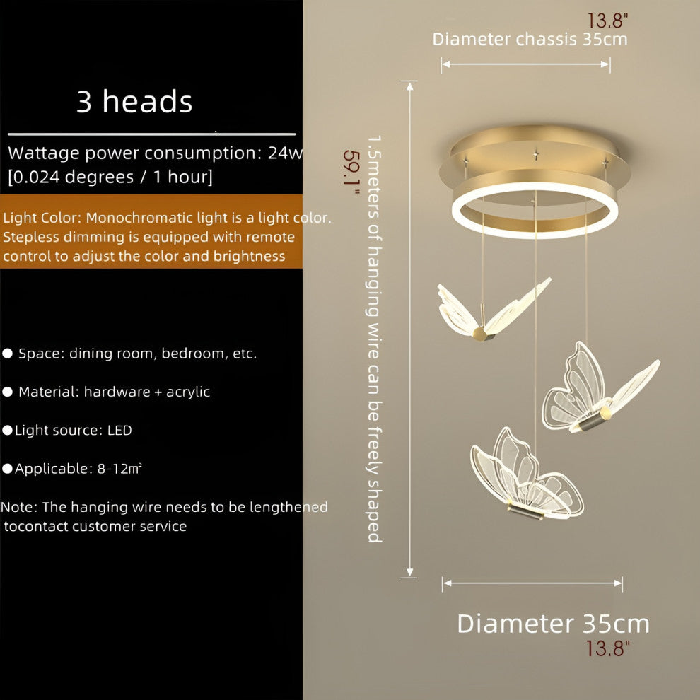 Camogli | Beautiful LED Chandelier with Hanging Butterflies, 3 Heads, Cool Light