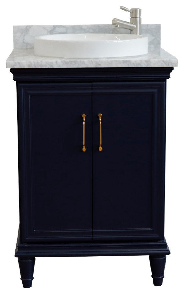 25" Single Vanity, Blue Finish With White Carrara And Round Sink