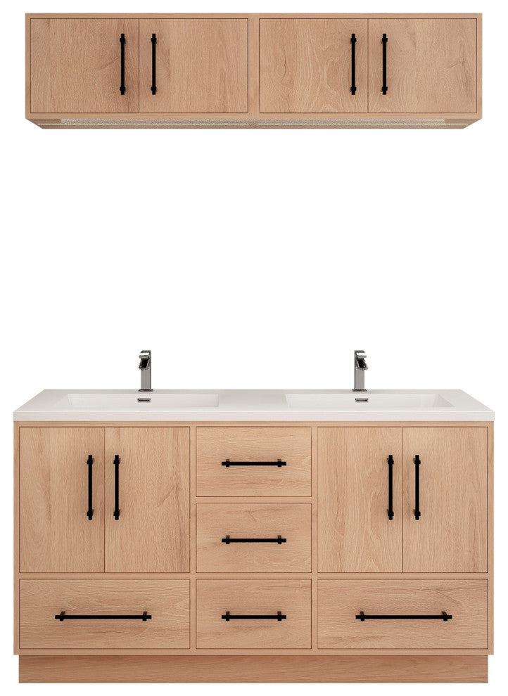 Victoria 60" Solid Wood Vanity Double Sink, Overhead Cabinet, Red Oak