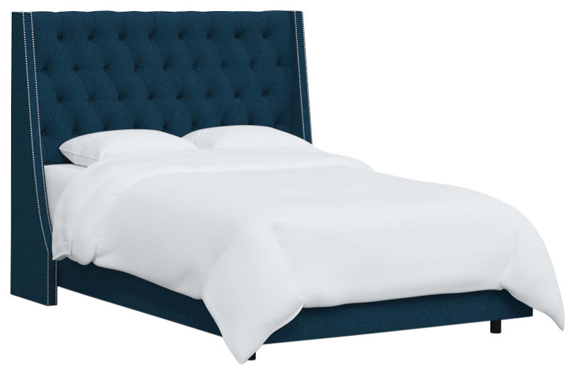 Tufted Sloped Wingback Bed, Nail Trim, Zuma Navy, Twin