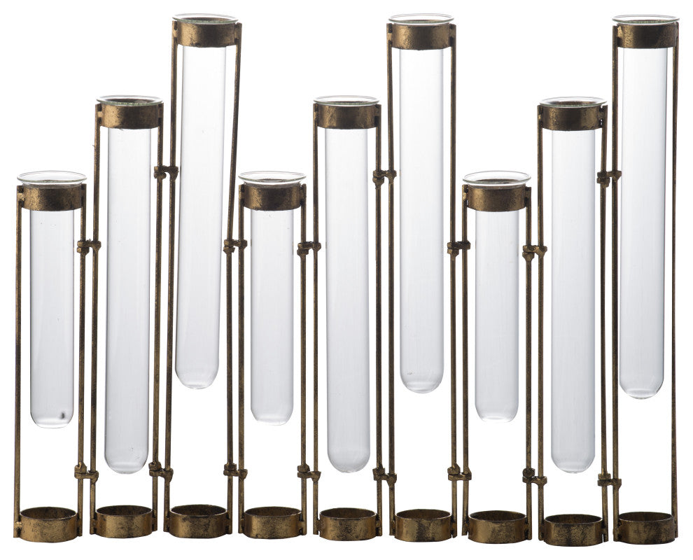 Benzara BM285277 18" 9 Slot Accent Vase, Glass Body Pieces, Antique Bronze