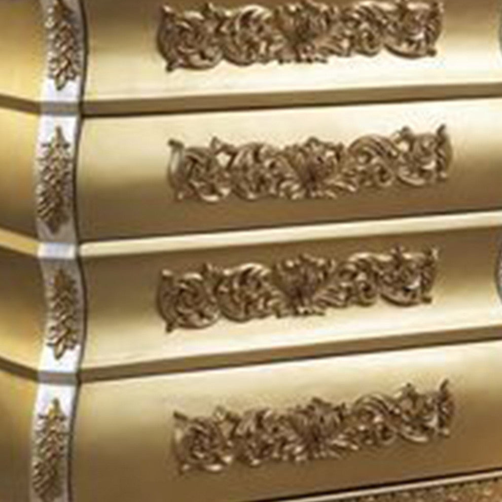 Benzara BM269591 Chest With 5 Storage and Scrolled Floral Design, Gold